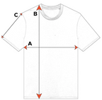 Diagram of a t-shirt with labeled measurements on a white background