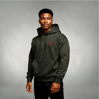 Man wearing a green hoodie with a red logo on a gray background
