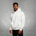 Man wearing a white hoodie against a gray background