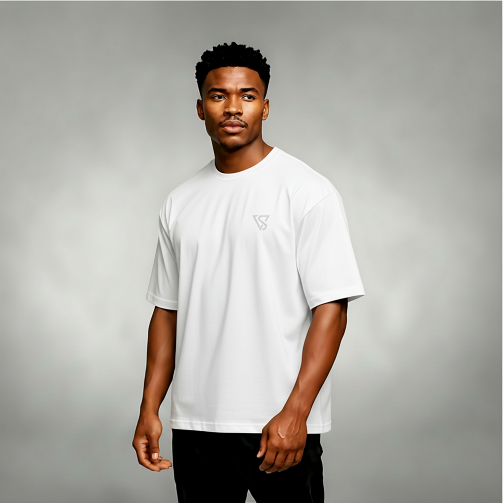 Man wearing a white t-shirt with a logo on a gray background