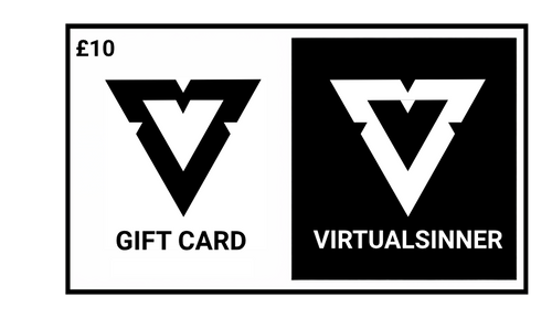 Gift card design with 'VirtualSinner' logo and text on a white background