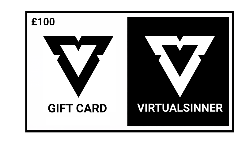Gift card design with a logo and text for 'Virtualsinner' on a white background.
