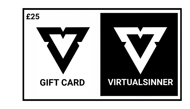 Gift card design with 'VirtualSinner' logo and text on a white background