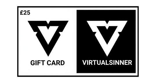 Gift card design with 'VirtualSinner' logo and text on a white background