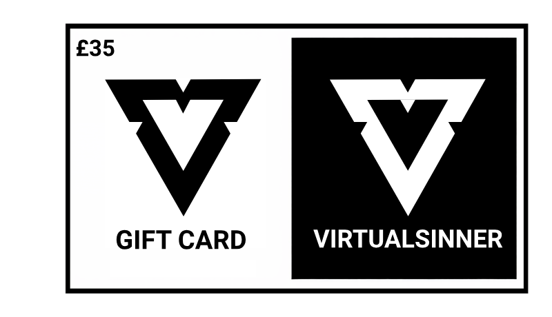 Gift card design with 'VirtualSinner' logo and text on a white background