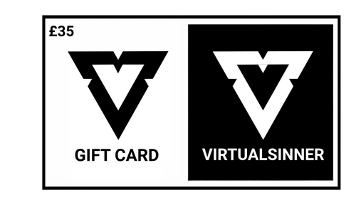 Gift card design with 'VirtualSinner' logo and text on a white background