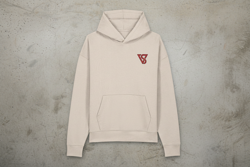 Beige hoodie with a red logo on a gray concrete background