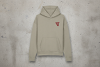 Beige hoodie with a red logo on a white background