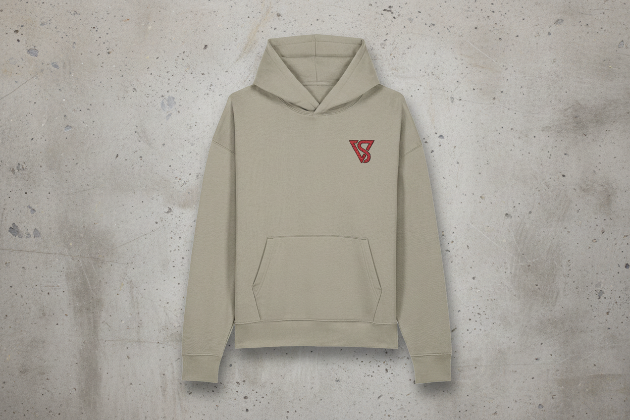 Beige hoodie with a red logo on a white background
