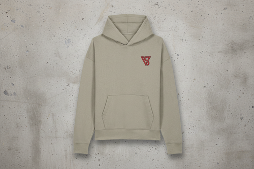 Beige hoodie with a red logo on a white background
