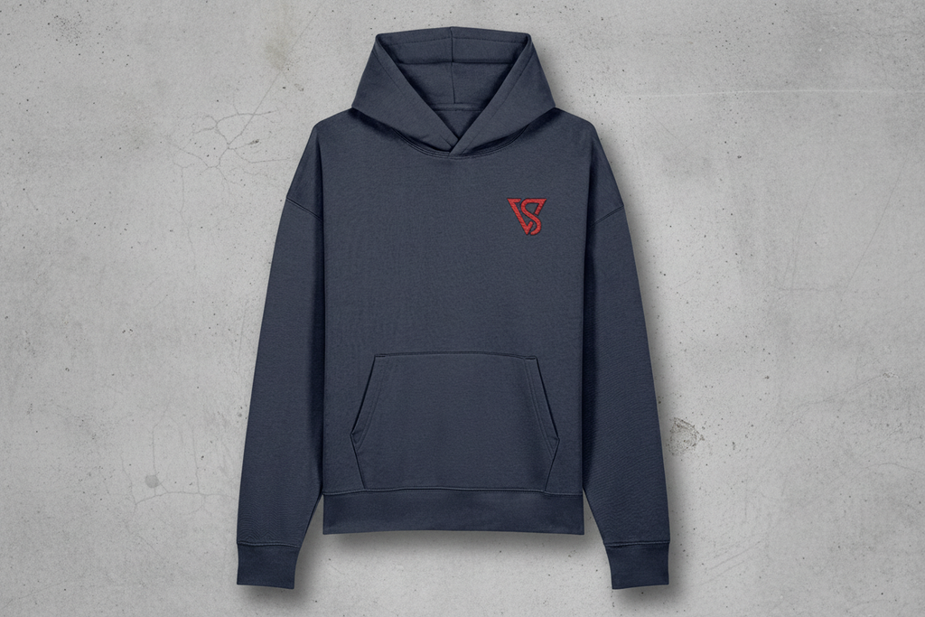 Navy blue hoodie with a red logo on a white background