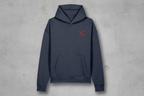 Navy blue hoodie with a red logo on a white background