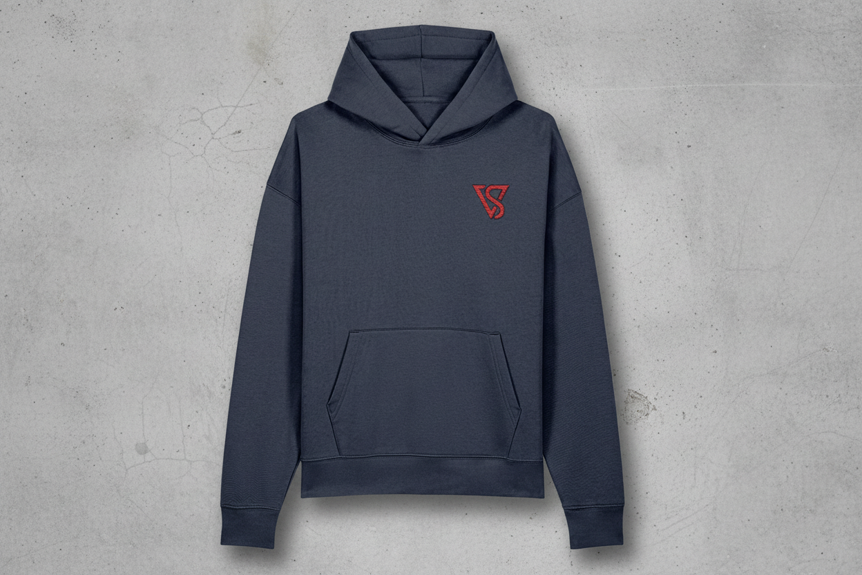 Navy blue hoodie with a red logo on a white background