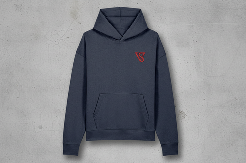 Navy blue hoodie with a red logo on a white background