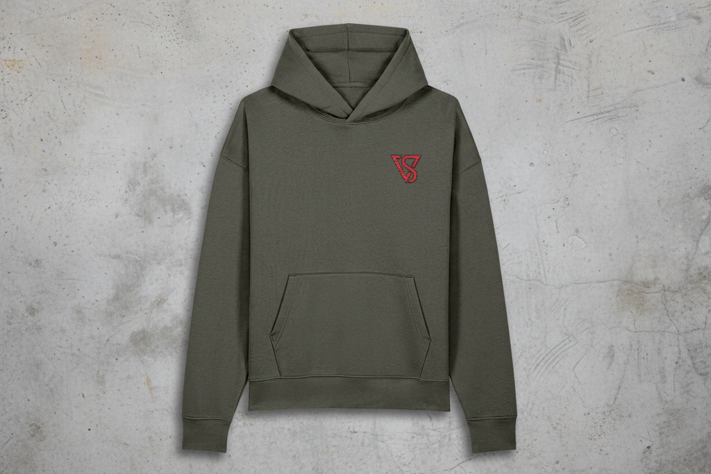 Green hoodie with a red logo on the chest against a white background