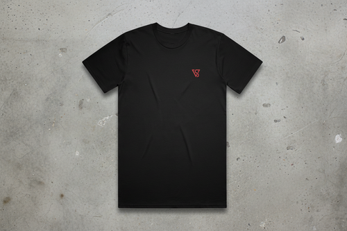 Black t-shirt with a red logo on a concrete background
