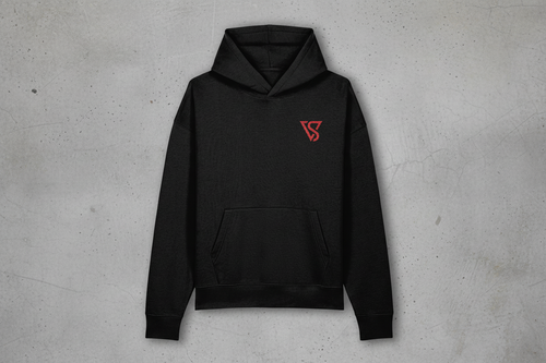 Black hoodie with a red logo on a gray concrete background