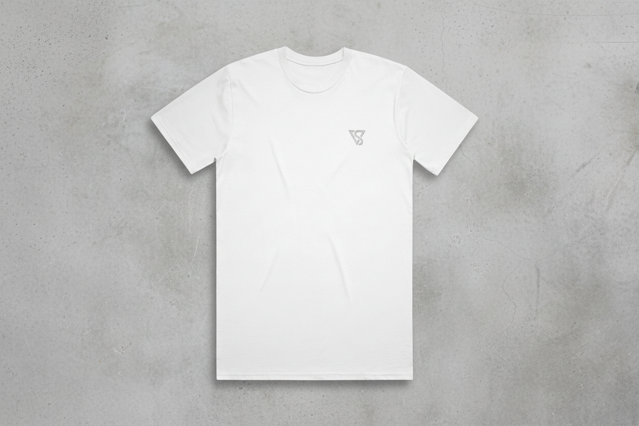 White t-shirt with a small logo on a white background